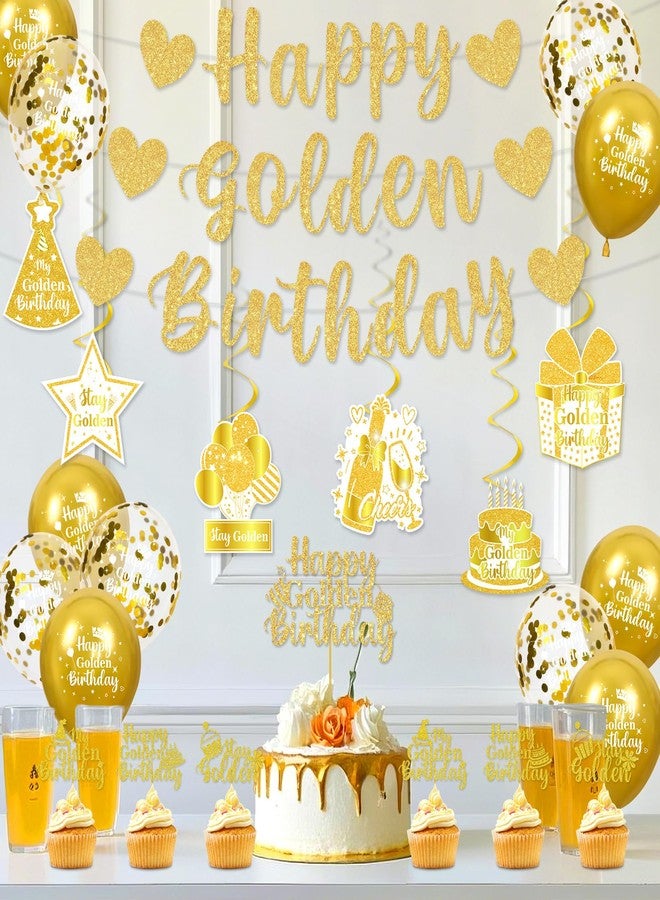 Woosytoo 32 Pcs Happy Golden Birthday Party Decorations Banner Gold Glitter Happy Golden Birthday Banner Hanging Swirls Balloons Cake Topper for Women Men Girls Boys Gold Bday Party Decor Supplies - Image 2